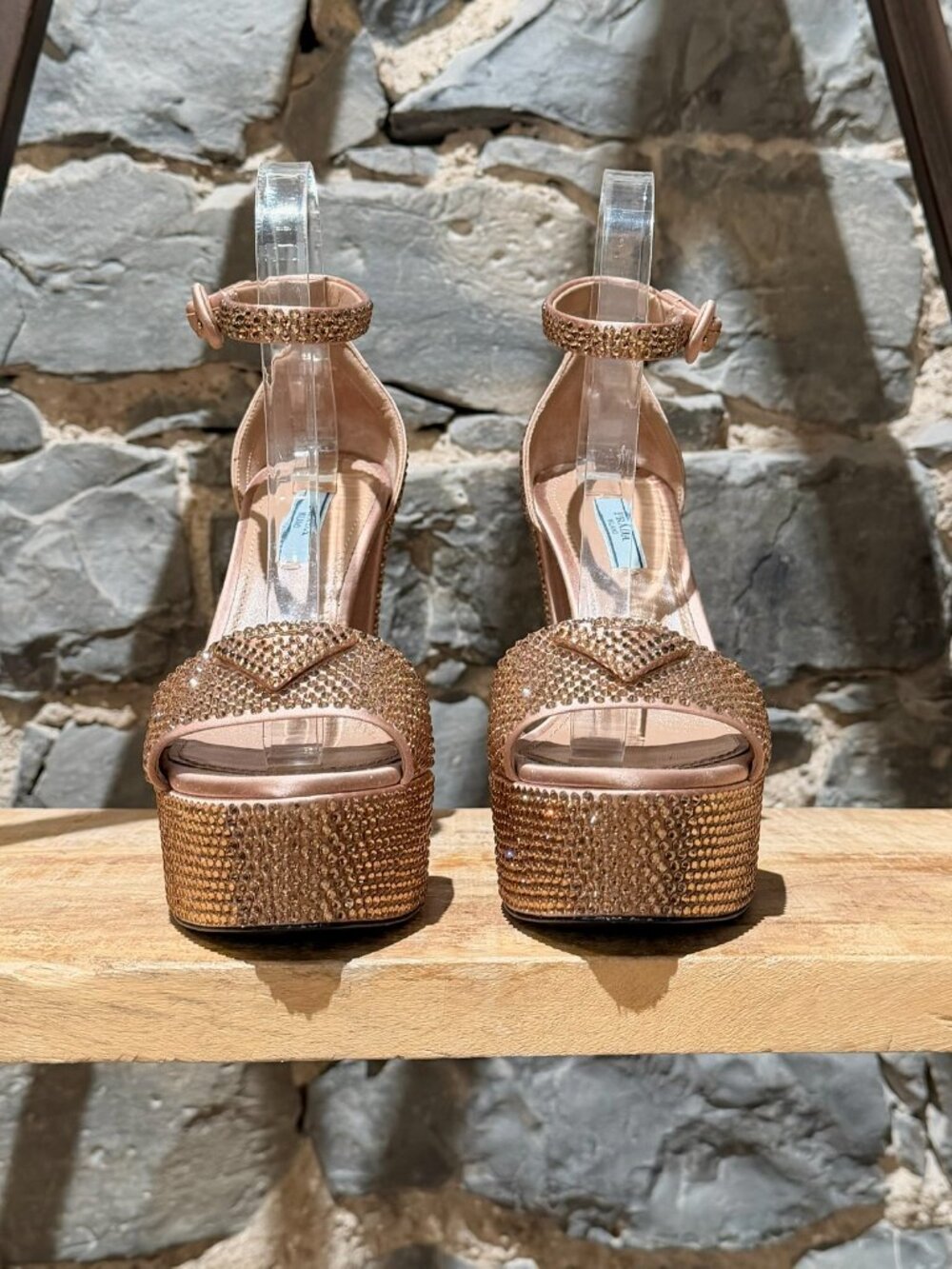 Prada Pink Crystal Triangle Logo Platform Sandals - Picture 3 of 12